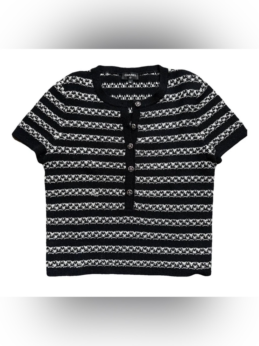 CHANEL Black & White Striped Short-Sleeve Knit Top size 36